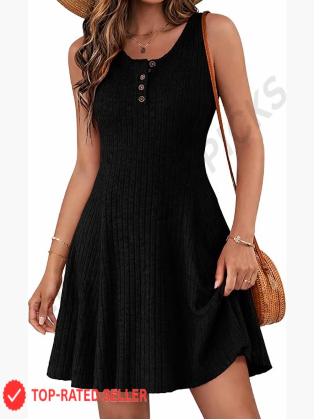 Sleeveless Button Down Ribbed Knit A-Line Mini Dress Summer Casual Crewneck